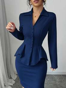 Elenzga Women's Waist Cinched V-Neck Top And Bodycon Skirt Set, Autumn/Winter - Navy Blue - View 6