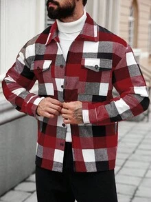 Manfinity Homme Men's Casual Commuter Plaid Long Sleeve Jacket, Autumn/Winter Men Checkered Plaid Flannel Jacket - Multicolor - View 4