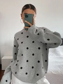 Livesso Women's Loose Business Casual Polka Dot Jacquard Knit Pullover Sweater, Suitable For Office Wear In Autumn And Winter