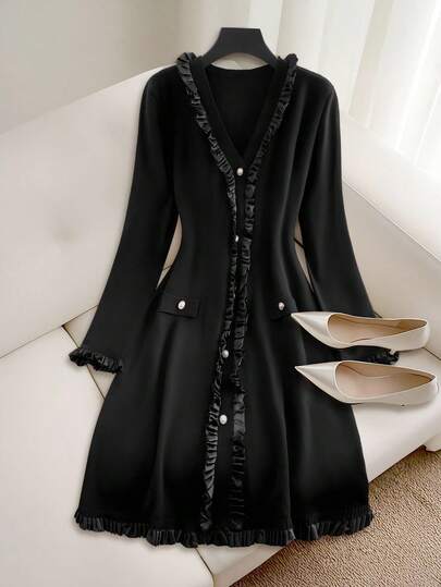 Regalyn Plus Size Solid Color Ruffle Trim Front Button Long Sleeve Sweater Dress