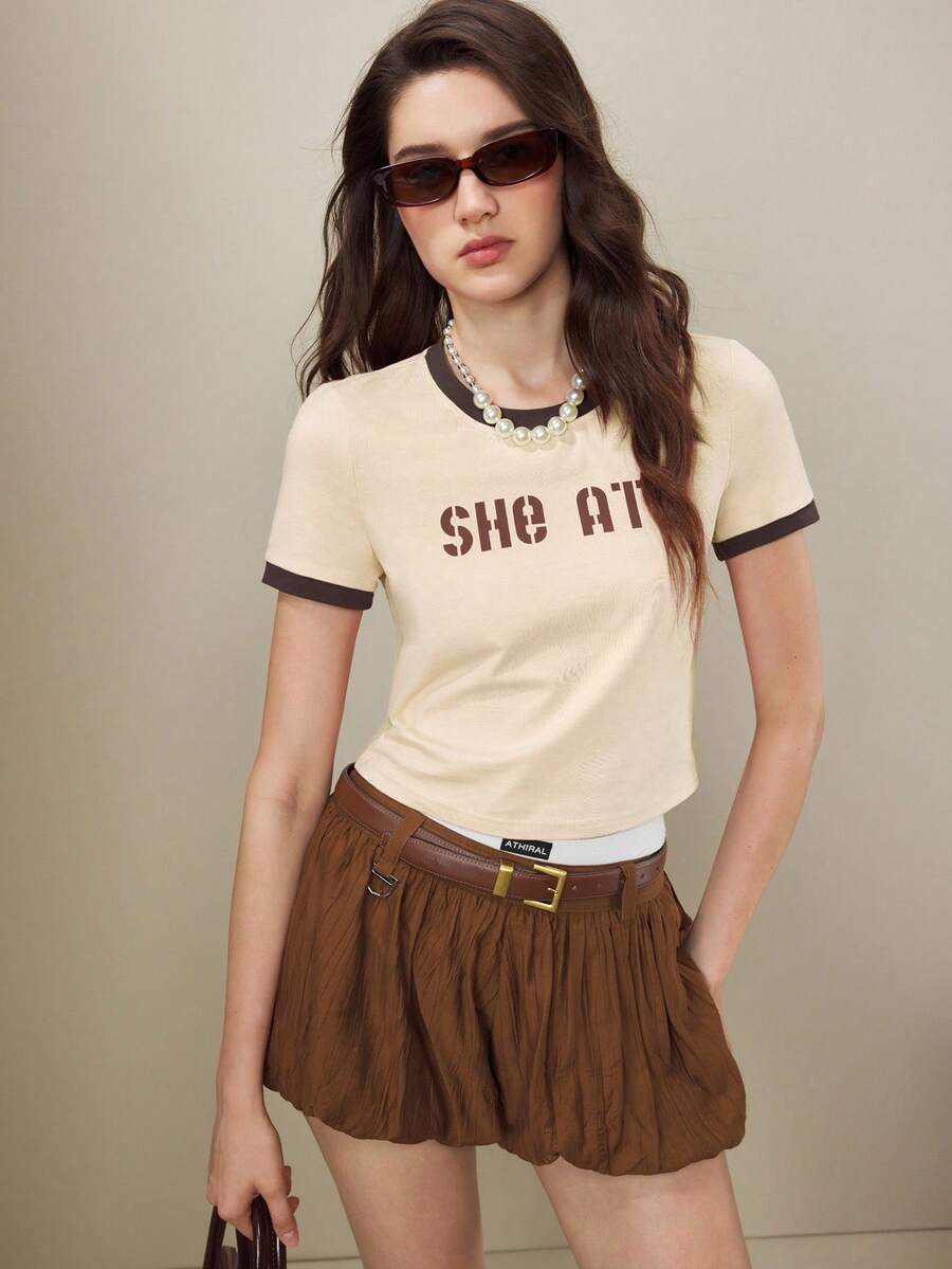 Women's Yellow Contrast Trim Brown Letter Print Round Neck Short Sleeve T-Shirt, Summer Apparel - Light Yellow - View 1