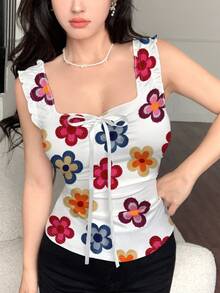 Modelyn 女式夏季无袖上衣，时尚彩色花卉和植物刺绣纹理数码印花蝴蝶结装饰修身吊带背心 - 彩色 - 查看 3