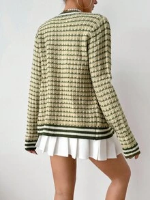 Elenzga Áo khoác cardigan kẻ sọc tương phản thanh lịch dành cho nữ, họa tiết phong cách học thuật, thu/đông - màu xanh lá - Xem 2