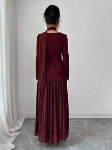 Elenzga Elegant Romantic Pearl Decor Puff Sleeve Square Neck Waist Fitted A-Line Dress For Women - Burgundy - View 2