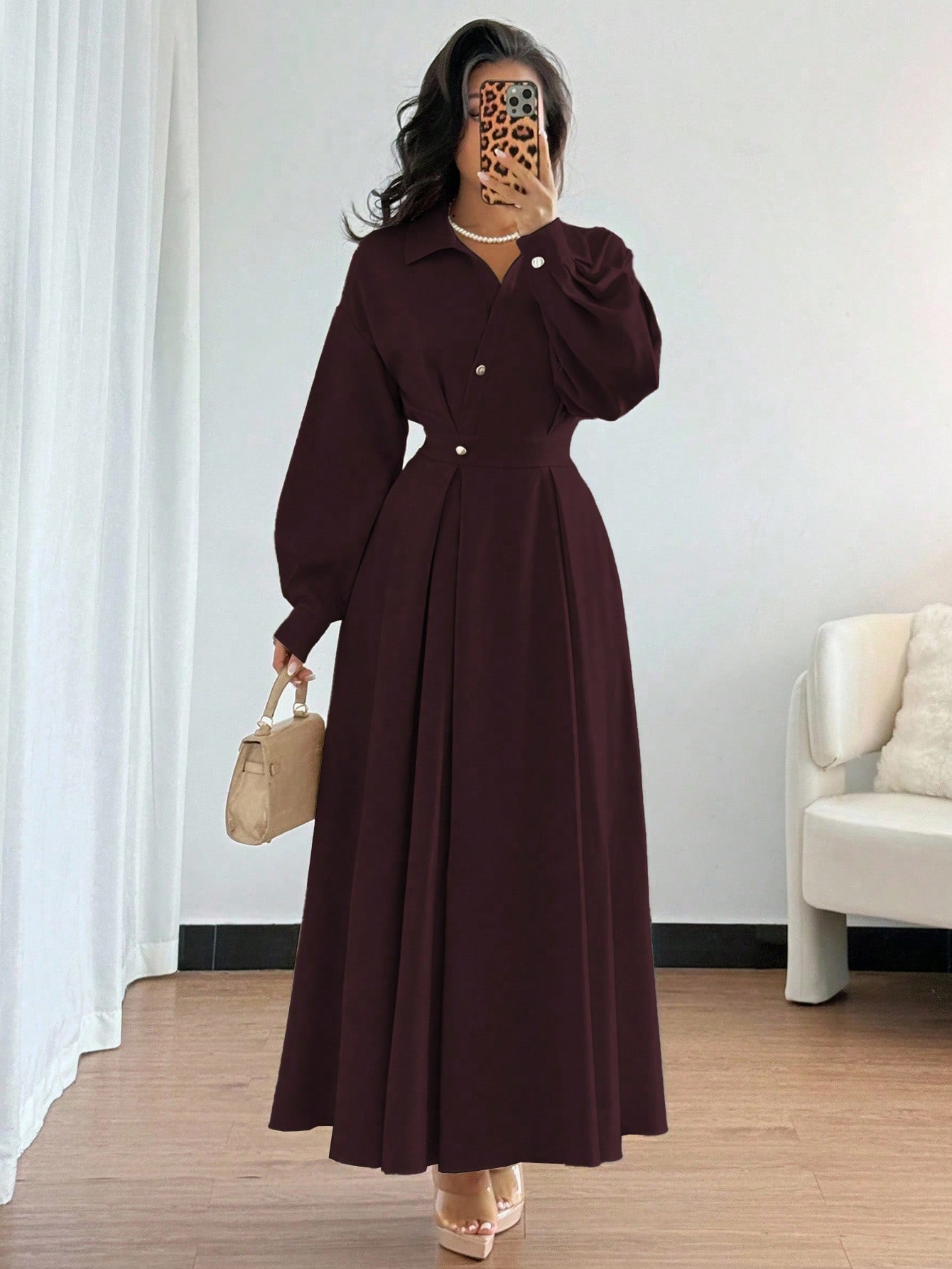 Islaluna فستان نسائي بياقة منقلبة وأكمام طويلة منس...