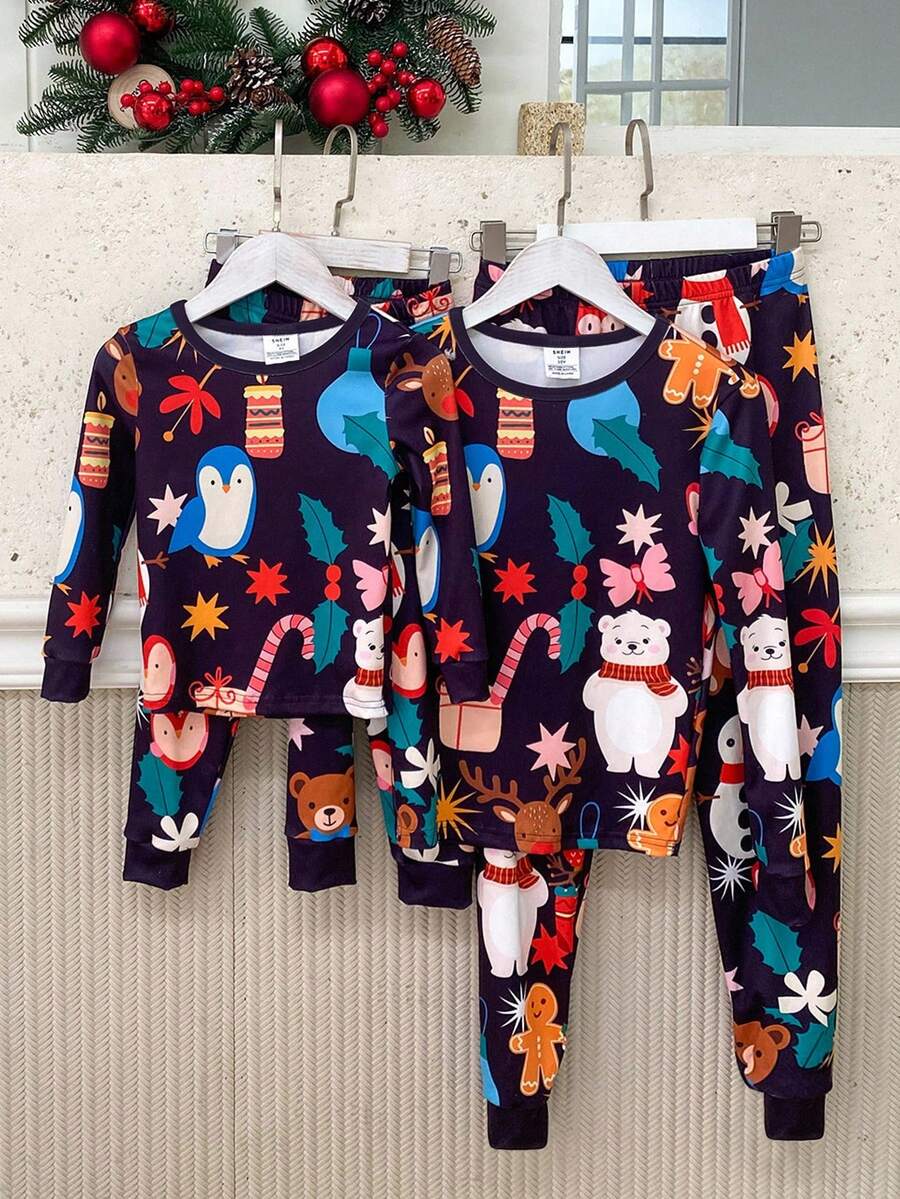 2pcs Young Boy Christmas Pajama Set,Cute Penguin,Bear,Snowman,Gingerbread Man & Candy Print Snug Fit Long Sleeve Top And Pants,Autumn Family Matching - Multicolor - View 1