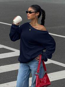 SHEIN EZwear Navy Blue Oversized Oblique Shoulder Thermal Lined Women Sweatshirt, Autumn/Winter - Navy Blue - View 3