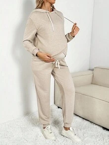 SHEIN 秋装，秋季服装，孕妇装秋冬装孕妇休闲两件套孕妇休闲宽松长袖上衣和裤子套装女士休闲套装两件套女士舒适两件套女士套装裤子两件套女士休闲孕妇装两件套装 - 杏色 - 查看 3