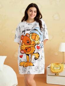 GARFIELD | SHEIN 加大码可爱猫咪印花圆领短袖睡裙，夏季卡通睡衣女款，哞哞睡裙 - 白色 - 查看 4