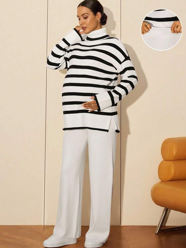 MaterniWear 孕妇条纹印花高领开衩长袖上衣和纯色裤子毛衣套装 - 黑與白 - 查看 4