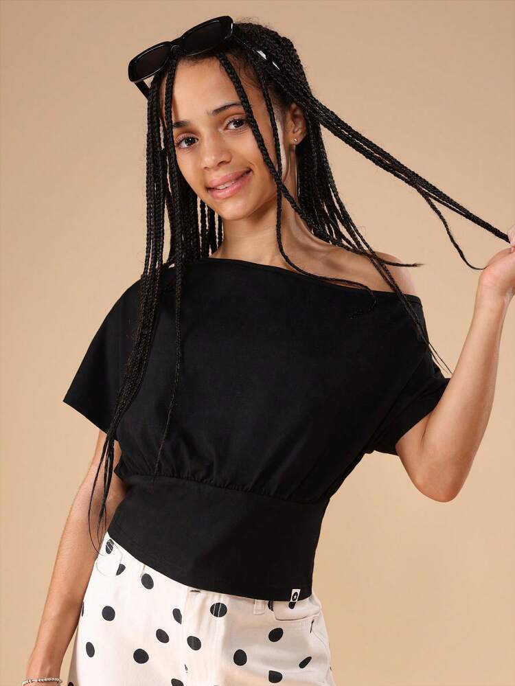 Off Shoulder Ruched Waist Cropped Blouse