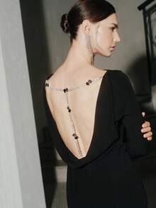Anewsta 性感露背镂空水钻链条装饰长袖修身女式派对连衣裙 - 黑色 - 查看 4