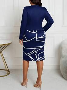 SHEIN Lady 2025 New Spring, Summer, Autumn And Winter Knitted Navy Blue Puff Sleeve Open Cardigan Short Top With Slim Waist And Geometric Pattern Classic Print Straight Dress Plus Size Two Pieces Set New Year Outfit 2 Piece Dress Set Curve Skirt Set Bodycon Midi Dress 2 Piece Sets Woman Skirt Long Sleeve Elegant Dress