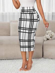 SHEIN Lady Váy midi đan kẻ caro nhiều màu thanh lịch dành cho nữ công sở thường ngày - trắng - Xem 6