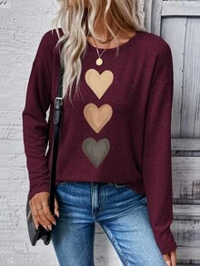 EMERY ROSE T-shirt à manches longues à col rond et épaules tombantes avec motif cœur, style décontracté et polyvalent pour femmes