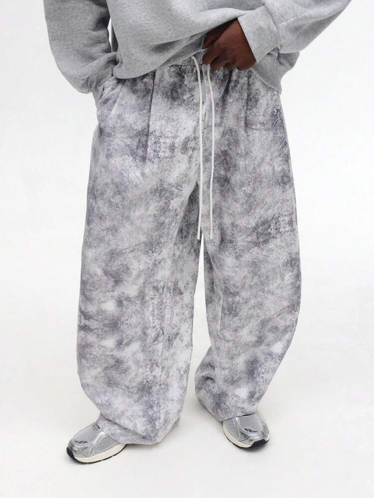 Marble Print Wide Leg Trousers With Drawstring Waist