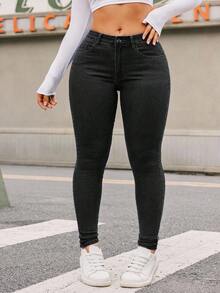 SHEIN ICON 大码休闲水洗低腰修身牛仔裤 - 深灰色 - 查看 3