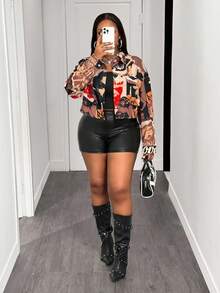 Slaydiva Autumn/Winter New Arrival Women's Shirt - Spring/Summer Music Festival, Easter Western Style, Birthday Party, Graduation, College Style, Student, Daily Casual, Basic Versatile, Leisure, Cruise Travel, Beach, Sunbathing, Viral , Streetwear, Wedding Guest Boho, Commuter, Brunch, Airport, Utility Pocket Long Sleeve Graphic Portrait Patchwork Design Cropped Plus Size Blouse Plus Size Shorts Sets Women Shorts Sets Women Two Pieces Sets Shorts Biker Shorts Sets For Women Camouflage Y2k Plus Size - Multicolor - View 8