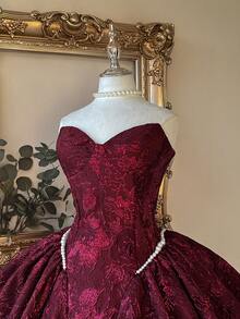 Lovelzi 优雅奢华的红色编织提花面料手工珍珠装饰甜心领复古腰部 A 字短款女士正式晚礼服