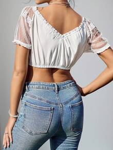 SHEIN LUNE Contrast Lace Trim Asymmetrical Hem Crop Shirt For Women, Milky White, Dirndl - White - View 2