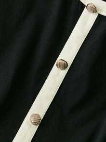 GlowEve 女士秋冬休闲时尚T恤，短款设计，仿纽扣领，长袖，圆领，袖口、下摆和荷叶边喇叭袖口采用撞色拼接设计，优雅女士上衣，适合春季穿着。 - 彩色 - 查看 3