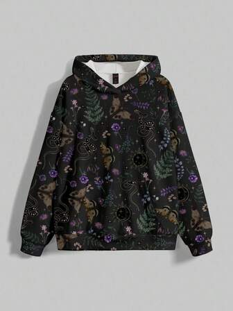Goth Sudadera holgada con estampado completo de estilo gótico con setas oscuras, polillas y murciélagos de terror para mujeres