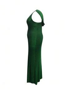 INAWLY Plus Size Women's Bodycon Dress, Deep V-Neck, Sleeveless, High Slit, Stretchy Shiny Fabric, Elegant For Party, Olive Green - Dark Green - View 3