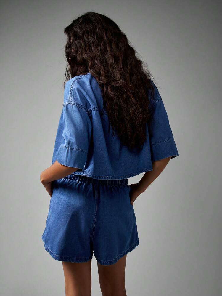 AiiRZ Ladies Denim Co-Ord Crop Button Down Shirt And High Rise Baggy Shorts Summer Beach Festival Casual Street Style Two Piece Set