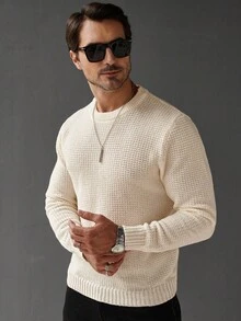 Manfinity Homme Pull col rond unicolore à manches longues pour hommes, pull casual. Pull en maille gaufrée pour l'automne/hiver, idéal pour les vacances - Beige - Voir 6