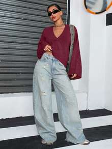 CasuGlow Áo chui đầu dáng rộng cổ chữ V sâu, tay loe ba phần tư, dáng rộng, màu trơn, ấm áp, thoải mái, sang trọng cho mùa đông - Màu Đỏ Sâu - Xem 6