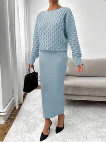 EURMUSE Women's Textured Crew Neck Long Sleeve Top & Skirt Knit Set - Baby Blue - View 4