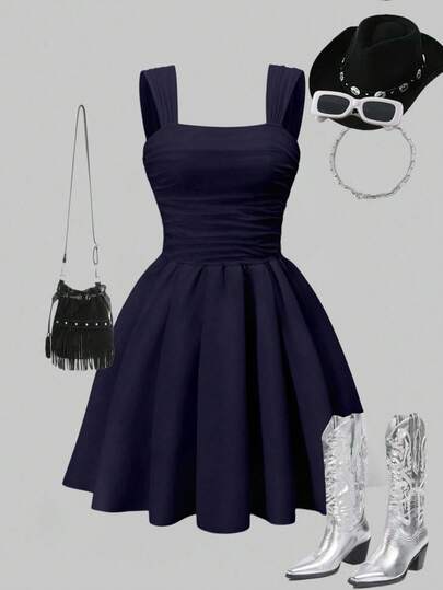 Elegant & Comfortable Wide Strap Pleated A-Line Dress For Teenage Girls