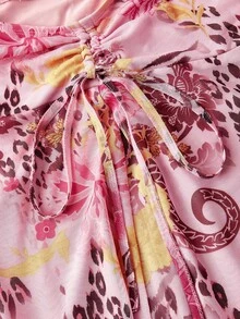 SHEIN MOD Váy lưới họa tiết hoa báo in nơ rút viền bất đối xứng cho kỳ nghỉ của phụ nữ - Nhiều màu - Xem 6