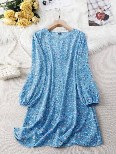 Rusticease Große Größen Kleid mit ganzflächigem Blumendruck, Rundhalsausschnitt, Langarm, Winterbekleidung