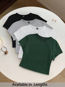 SHEIN Tall CURVE Plus Size 4-Piece Set Solid Color Cropped Round Neck Short Sleeve Fitted Women T-Shirt, Suitable For Summer - Dark Green - View 1