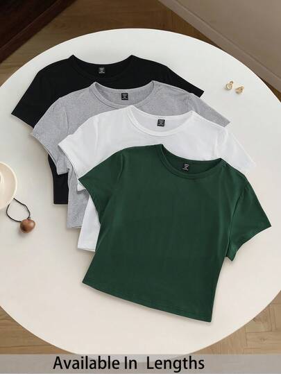 SHEIN Tall CURVE 加大码四件套纯色短款圆领短袖修身女式T恤，适合夏季