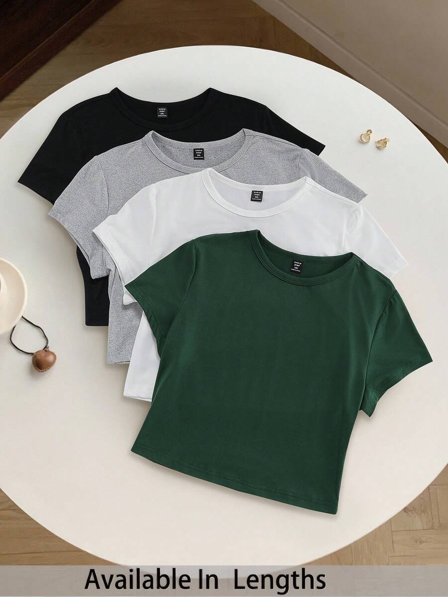 SHEIN Tall CURVE Plus Size 4-Piece Set Solid Color Cropped Round Neck Short Sleeve Fitted Women T-Shirt, Suitable For Summer - Dark Green - View 1