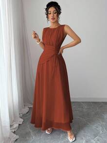 Vestido maxi de gasa elegante y casual para mujer, estilo vintage romántico, adecuado para la playa, elé de la tarde, fiestas, bodas, ir al trabajo, sin mangas, cintura con cordón, espalda plisada, forrado, primavera/verano - Rosa - Ver 10