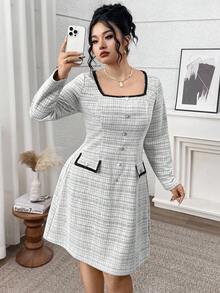 Modelyn Plus Size Women's Square Collar Long Sleeve Plaid Button Design Elegant Dress