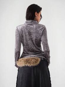 LYSMO 2025 New Arrive Minimalism Fall Women's Grey Solid Color Turtleneck Top Gothic Back To School, Homecoming, 2000s Style, Y2K Women, Streetwear New Year Halloween Costumes - Grey - View 2