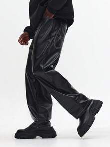 SUMWON Wide Leg Faux Leather Trousers With Contrast Stitch Design Versatile Urban Fashion Pants Modern Streetwear Statement Bottoms - Black - View 4