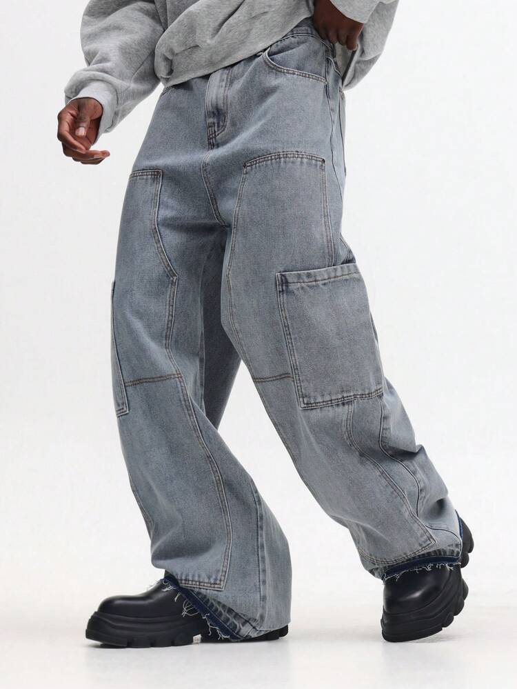Wide Leg Cargo Denim Jeans With Side Pockets