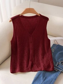 CosyJoli Plus Size Plain Simple Casual Knitted Sweater Vest In Fall/Winter - Burgundy - View 5