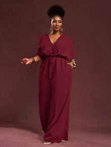 Veslaya 2025 Autumn & Winter New Arrivals, Women's Fall/Halloween/Winter Clothes, Plus Size, Music Festival/Halloween Outfits, Easter, Western, Boho, Birthday Party, Graduation, Student, Casual, Vacation, Cruise, Beach, Sunbathing, Fashionable, Women White Textured Loose Waist Wide Leg Jumpsuit, Plus Size - Burgundy - View 11