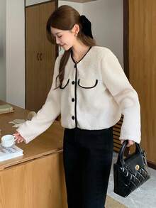 SHEIN 少女撞色纽扣前泰迪羊毛夹克 少女衬衫 夏尔巴夹克 泰迪夹克 短款夹克 圈圈呢夹克 仿皮草夹克 秋冬毛绒夹克 - 杏色 - 查看 7