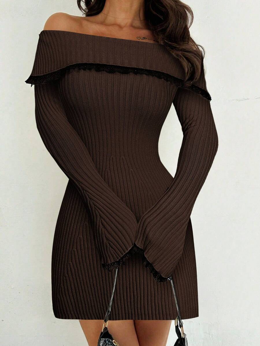 Firerie Elegant Sexy White Contrast Lace Patchwork Off Shoulder Flare Sleeve Cinched Waist Mini A-Line Sweater Dress, Autumn/Winter,Cozy Fall And Winter Clothes For Women