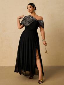 SHEIN VCAY Đầm dài vai lệch vai đính sequin lấp lánh cỡ lớn thanh lịch, thích hợp cho tiệc tùng, năm mới, giáng sinh - màu đen - Xem 5