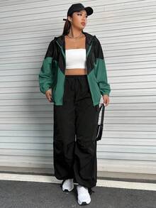 SHEIN EZwear Plus Size Color Block Drawstring Hooded Black & Green Jacket Winter Fall Autumn - Multicolor - View 4