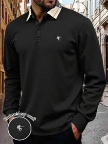 Manfinity Dauomo Men's Casual Commuting Embroidered Long Sleeve Polo Shirt, Fall - Black - View 1