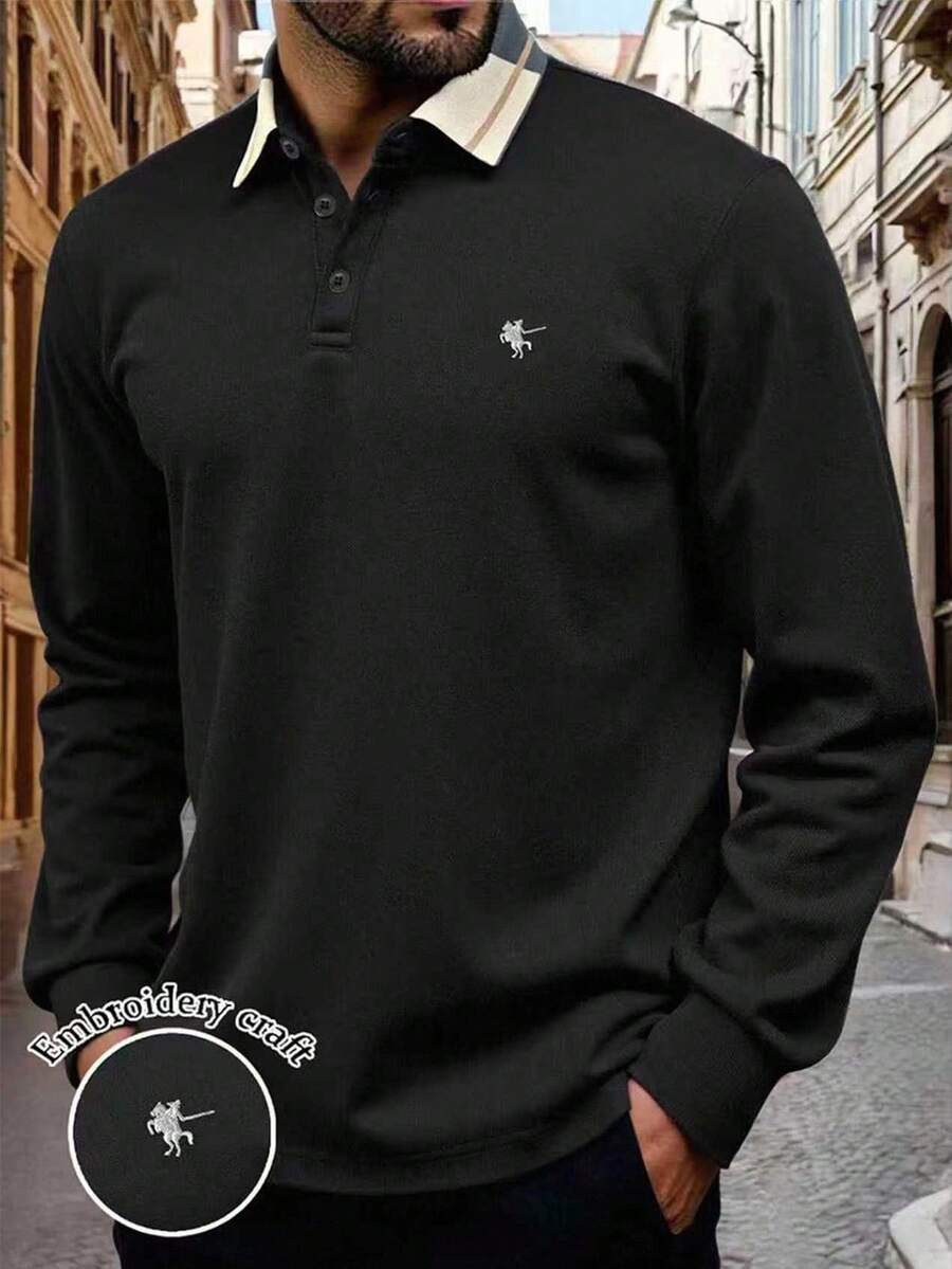 Manfinity Dauomo Men's Casual Commuting Embroidered Long Sleeve Polo Shirt, Fall - Black - View 1